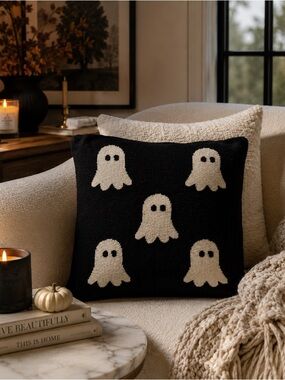 Storehouse Ghost Knit Pillow Cover Black Cream Halloween Cozy Décor 20”